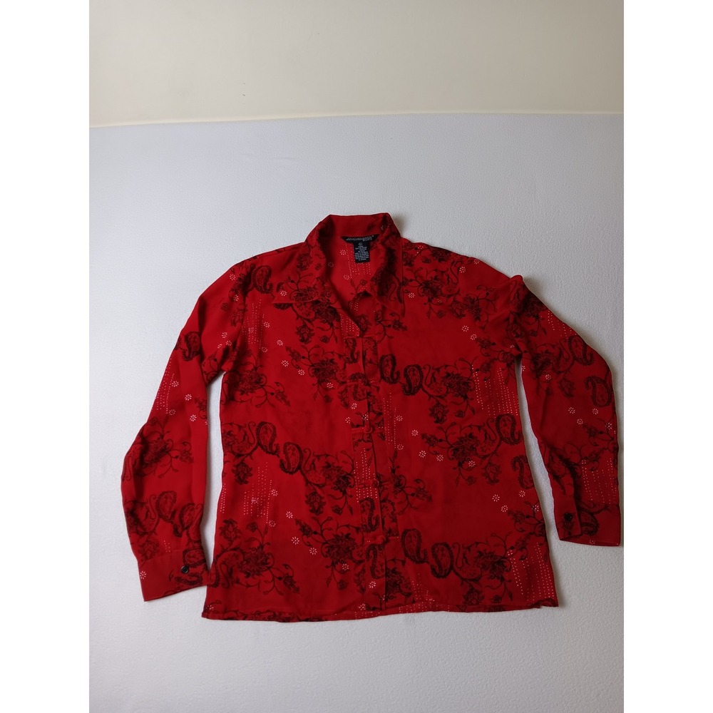 Jonathan Martin Studio Red Paisley Floral Frog Button Blouse Womens Large L